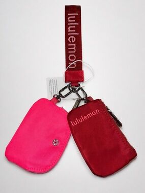 Lululemon Dual Pouch Wristlet Keychain Red Pink Zip Wallet Coin Pouch Clip NWOT